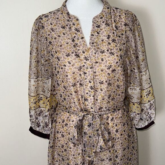 Ann Taylor XL Beige Plum Gold Lurex Paisley Floral Border Balloon Sleeve Dress - Picture 9 of 16
